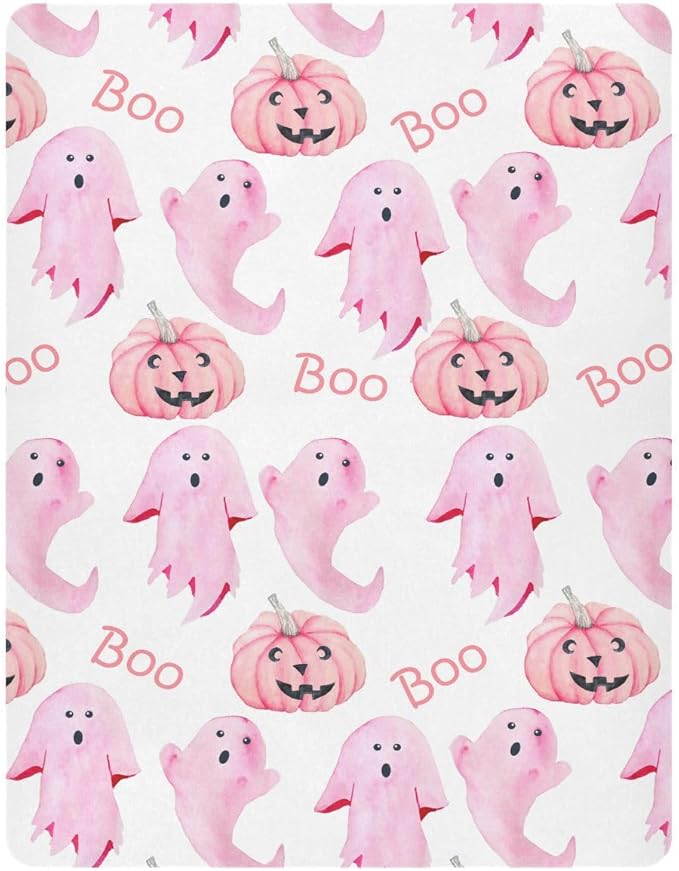 Halloween Ghosts Pink Crib Sheets Soft Breathable Fitted Baby Crib Sheets Mattress Cover for Girl Boys, 52" x 28" x 9"