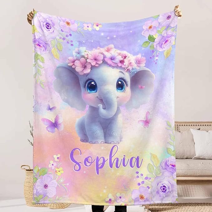 Ship Next Day, Custom Name Blanket for Baby Girls Boys, Cute Elephant Blankets- Printed in USA, Personalized Baby Blankets for Kids Teens, Christmas Birthday Blanket Gifts for Daughter Son