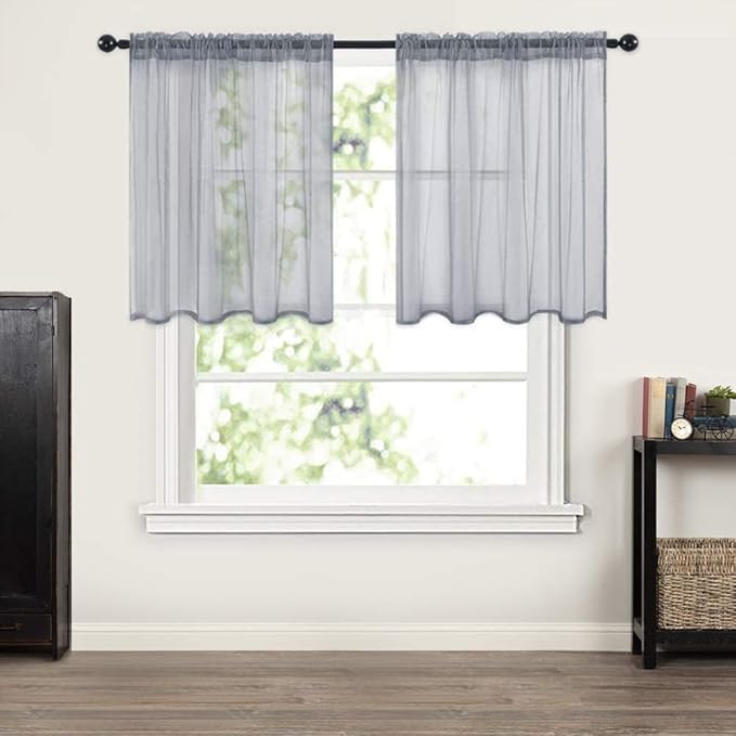 MIULEE 2 Panels Kitchen Tiers Half Window Sheer Curtains Rod Pocket Translucent Voile Drapes for Kitchen Bathroom Small Windows 29 by 24 Inch Dark Grey