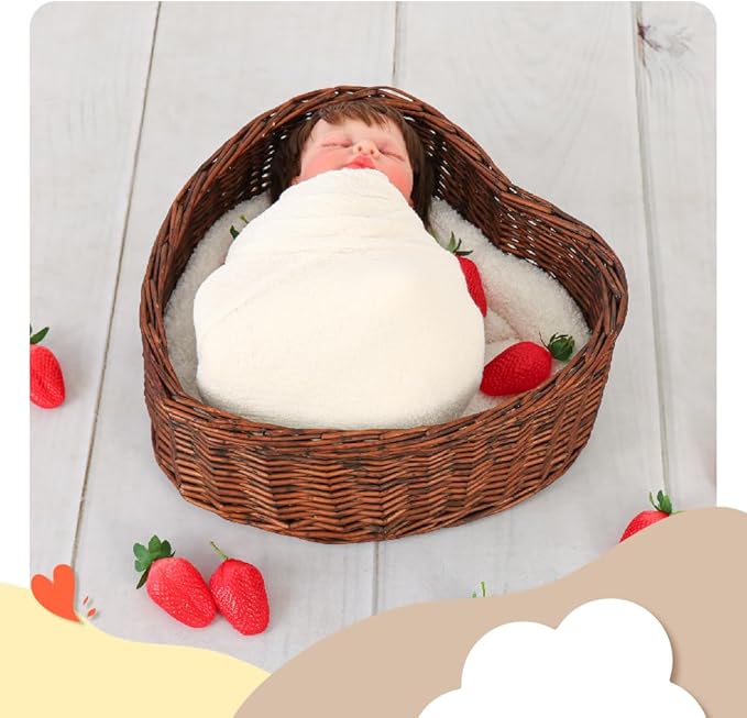 Kate Newborn Photography Props Brown Heart Shaped Rattan Basket Handcrafted Baby Basket Set for Baby Photography Photoshoot with White Pillow and Mat and Stretch Wrap