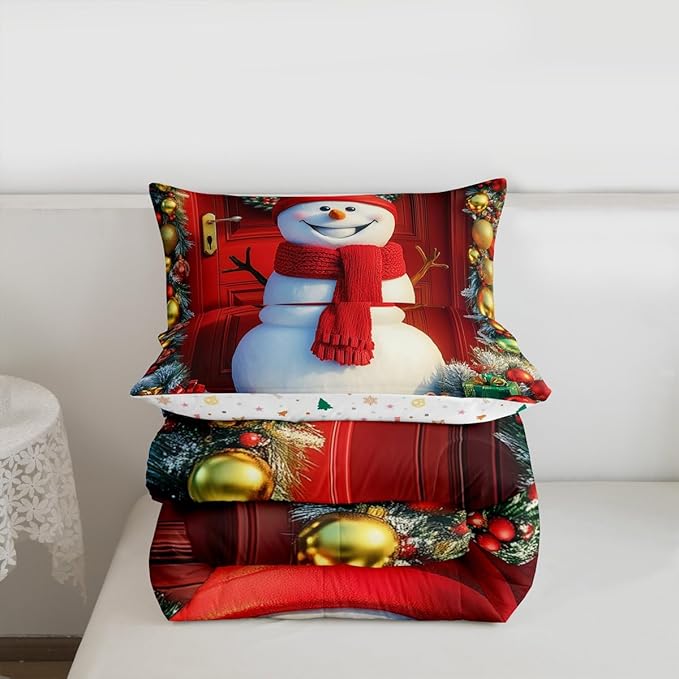Feelyou Merry Christmas Kids Comforter Set King Size Cute Snowman Bedding Set Duvet Quilt for Kids Boys Girls Bedroom Snowflake Decor Microfiber Ultra Soft Breathable