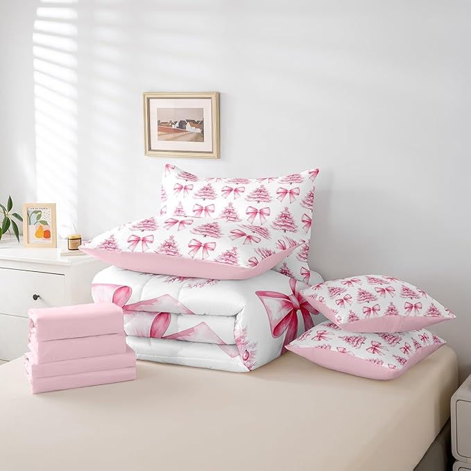 Manfei 7 Pieces Pink Bowknot Kids Comforter Twin,Christmas Trees Pine Bow Tie Toddler Bedding Set,Merry Christmas Happy New Year Xmas（Comforter+Fitted+Flat Sheet+2 Pillowcases+2 Throw Pillow Covers）