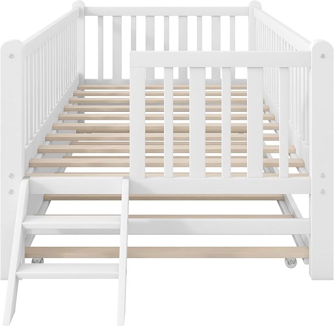 Twin Size Platform Bed with Guardrail and Trundle, Wood Kids Platform Bed Frame with Two-Step Ladder for Boys Girls, Sturdy Slats Support (White-1.26T)