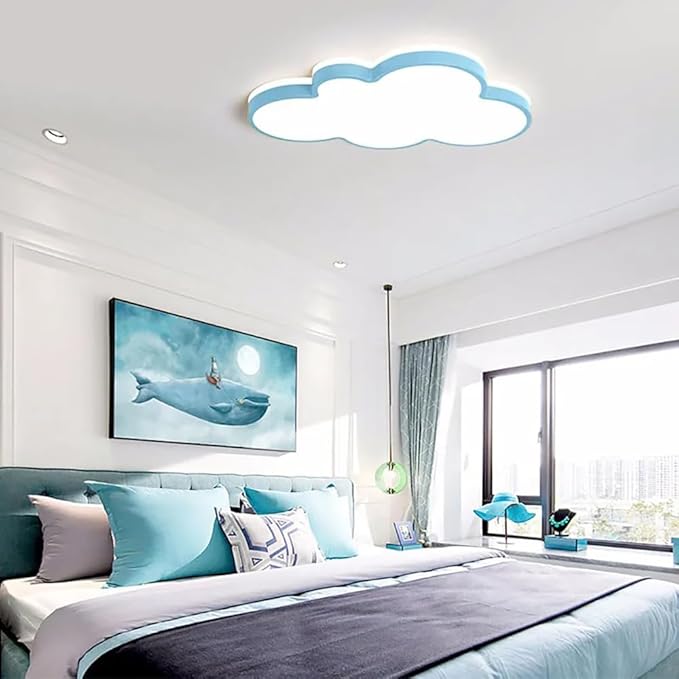Dimmable LED Flush Mount Ceiling Light Fixture with Cloud Shape,22W 19Inch Close to Ceiling Lamp Modern Lights for Bedroom Kitchen, Blue Recessed Indoor Lighting 3000K-6000K Light Color Adjustable