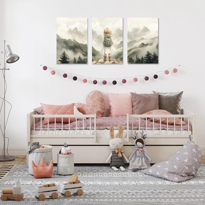 3-Piece Adventure Girl Nursery Wall Art, Mountain & Woodland Forest Nursery Decor for Toddler Room, Adventure Nursery Wall Decor for Kids Baby Girl's Room, Framed Canvas Set, 12"x16"