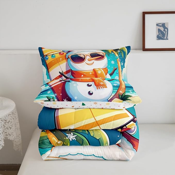 Manfei Cute Snowman Comforter Set Twin Size, Christmas Theme Bedding Set for Kids Boys Girls, Beach Surfboard Palm Tree Down Comforter for All Season, Lightweight Duvet Insert, 1 Pillowcase