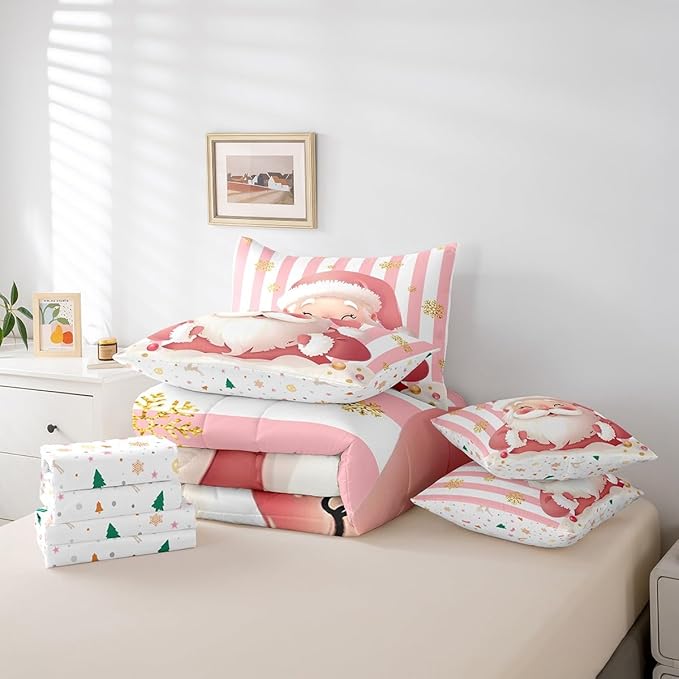 Feelyou Merry Christmas Decorations Queen Size Bed Set Santa Claus Bed in a Bag Pink Bedding Set Soft Warm Lightweight Comforter Set with Sheets
