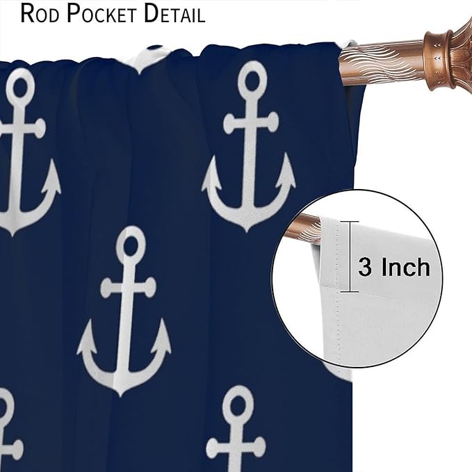 Nautical Costal Curtains,MarineThemed Oceanic Anchor Pattern Blackout Print Home Bedroom Living Room Window Treatments 2 Panel Set 42x54 Inch