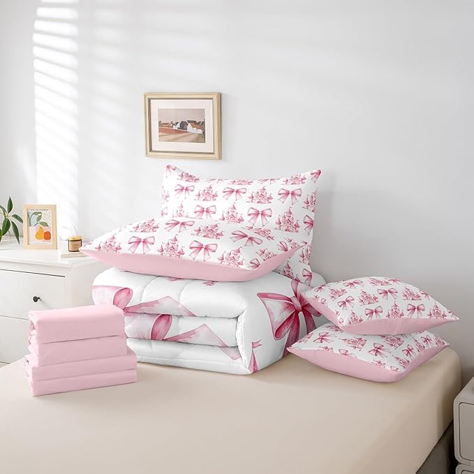 7 Pieces Pink Bowknot Kids Comforter King,Castle Tale Princess Toddler Bedding Set,Bow Tie Butterfly Knot Girlish Romantic Fashion（Comforter+Fitted+Flat Sheet+2 Pillowcases+2 Throw Pillow Covers）