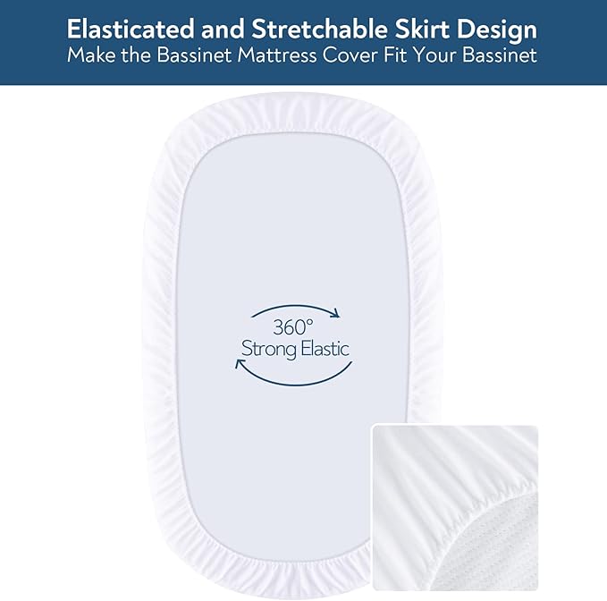 Baby Bassinet Mattress Pad Cover, Fit for UPPAbaby Bassinet and Moses Basket, 2 Pack Waterproof Quilted Bassinet Mattress Protector, Cotton Terry Surface, 13" x 30"