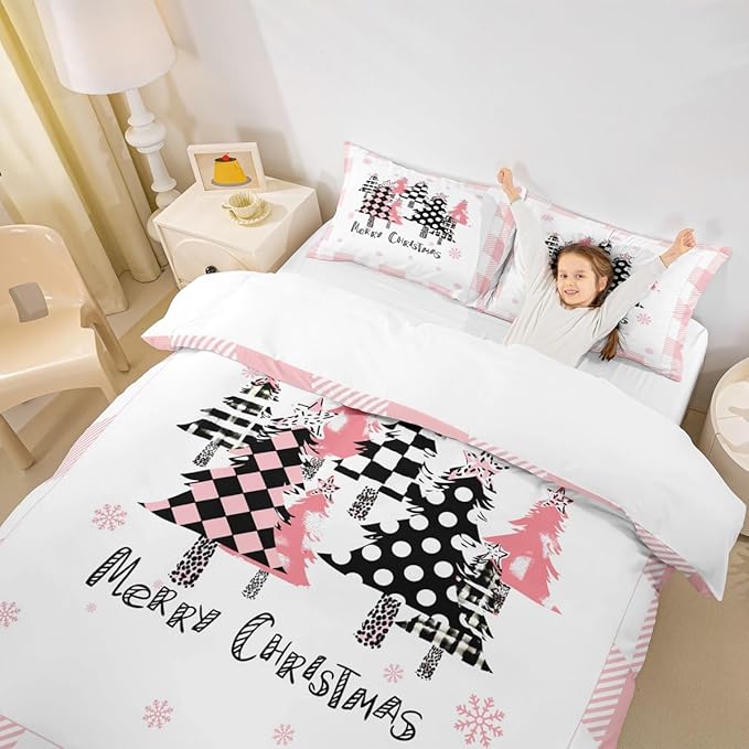 Merry Christmas Duvet Cover Set King Size, Pink Plaid Xmas Trees Bedding Set 3pcs, New Year Holiday Quilt Cover with Zipper Closures, Kids Girls Santa Claus Room Decor, 2 Pillowcases, No Comforter