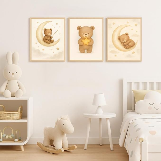 XBQZFLHT 3Pcs Bear Nursery Wall Art Teddy Bear Moon and Stars Canvas Prints Cute Animal Sleeping on the Moon and Cloud Neutral Baby Room Decor Pictures for Boys and Girls 8x10in Unframed