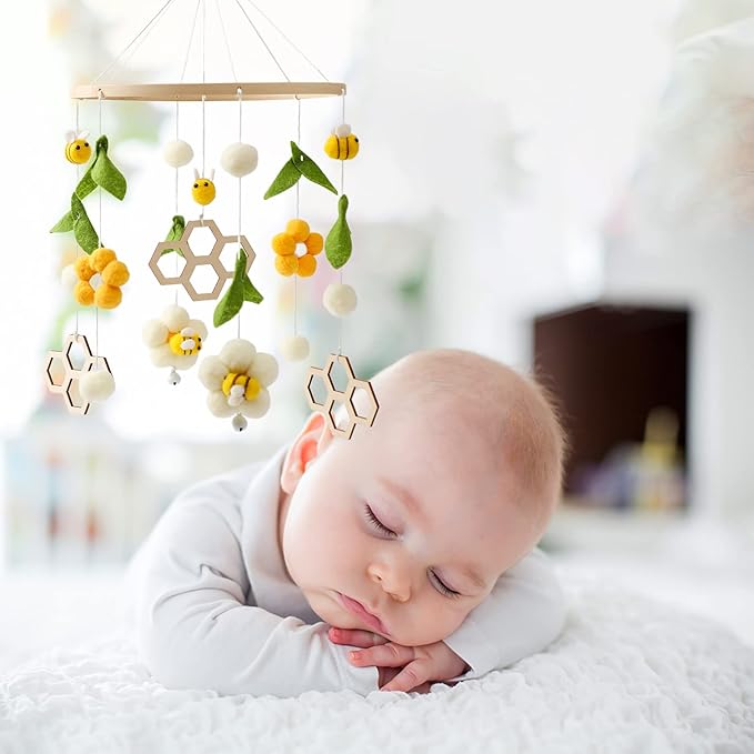 Nursery Mobile for Boys Girls, Boho Bee Flower Nursery Decor Soothe Toy, Shower Set for Infant Bedroom Hanging Decoration, Yellow