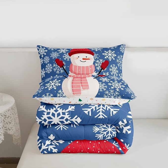Feelyou Christmas Comforter Set Queen Size Snowman Blue Bedding Set for Kids Boys Girls Xmas Snowflakes Duvet Quilt Winter Snow Bedroom Decor Microfiber 3 Pcs with 2 Pillow Cases