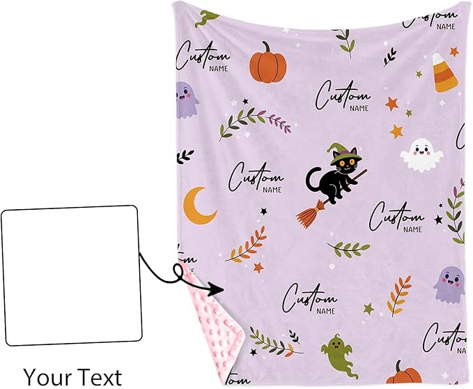 Personalized Halloween Blanket for Girls, Custom Baby Blanket with Name, Cat Pattern Soft Minky Dot Blanket, Halloween Decor Christmas Birthday Gifts for Kids Toddlers
