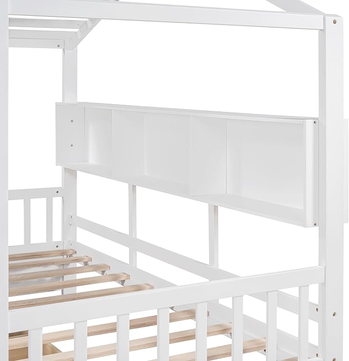 Modern Twin Size House Bed with Roof and Window, Wooden Daybed Frame with Shelves and 2 Drawers,Bedroom Furniture for Girls & Boys (White+2 Drawers/)