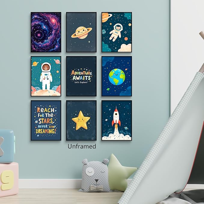 9 Pieces Outer Space Theme Nursery Canvas Wall Art, Charming Bear Astronaut Planets Rocket Poster for Kids Room, Baby Boys Playroom Bedroom Stars Cosmos Picture Print 8x12in Unframed