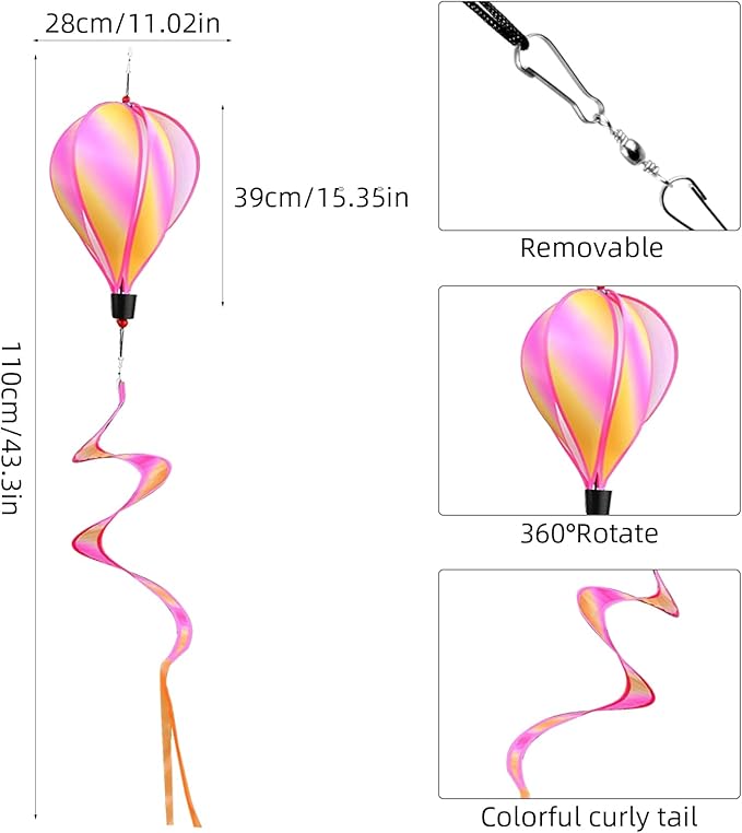 3 Pack Rainbow Hot Air Balloon Wind Spinner Garden Pinwheels Whirligigs Wind Spinner Decorations Outdoor Hanging Decor Lawn Yard Windsock Ornaments