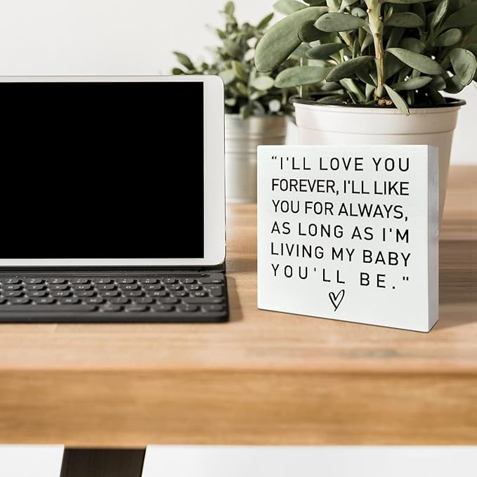 Nursery Desk Wooden Box Sign Decor, 'I'll Love You Forever', Neutral Nursery Decor for Newborn Kids & Children's Room Desk Decoration & Baby Shower Gifts