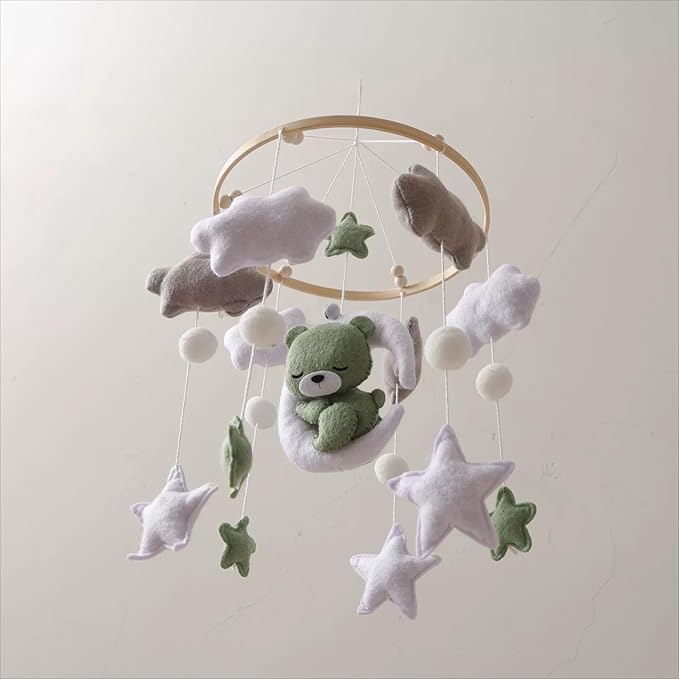 Baby Crib Mobile - Sleeping Bear Mobile for Crib, Felt Cloud Stars Nursery for Boys and Girls, Baby Nursery Hanging Decor (A)