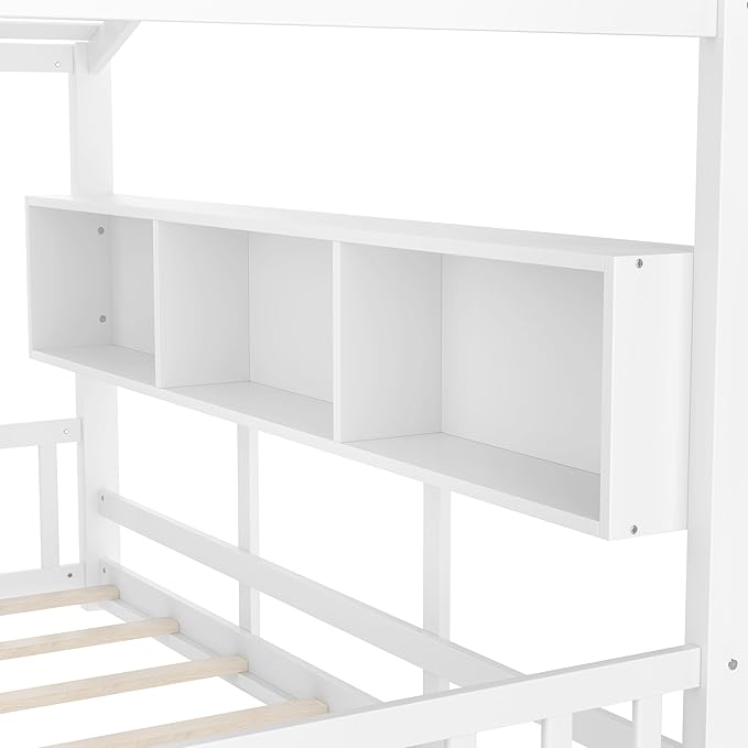Twin Size House Bed with Storage Shelves for Kids,Kids Montessori Floor Bed, Cute Wood House Bed Frame Twin with Roof for Girls,Boys,Can be Decorated,White