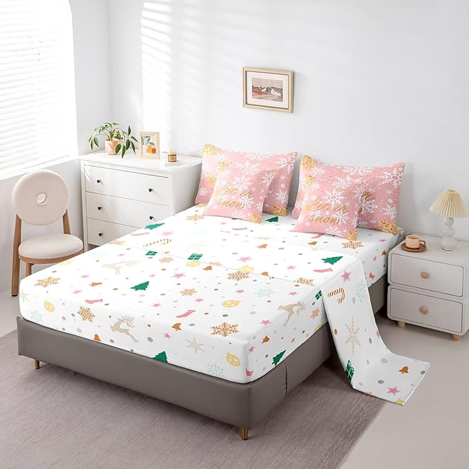 Feelyou Christmas Bed Set Snowflakes Bed in a Bag for Kids Girls Boys Pink Bedding Set King Size Glitter Star Comforter Set with Sheets Lightweight Room Decor
