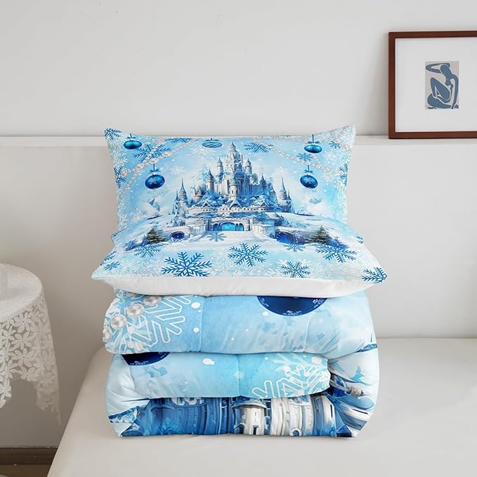 Dreamy Castle Full Size Comforter Set,Princess Blue Winter Snowflakes Bedding Comforters Bedroom Collection,Fairy Tale Theme Watercolor Christmas Bedding Set for Girls Teens