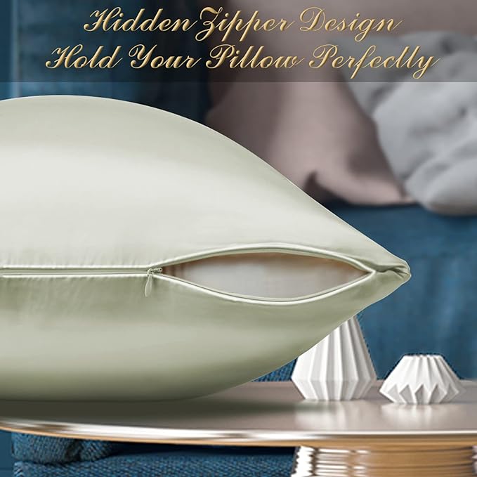 100% Mulberry Silk Pillowcase 2 Pack for Hair and Skin,with Hidden Zipper,Both Sides 22 Momme Natural Silk Pillow Cover,Soft Breathable & Smooth (Matcha, Standard)