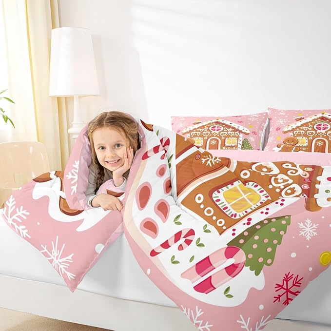 Feelyou Christmas Gingerbread Bedding Set Soft for Boys Girls,Gingerbread House Comforter Set Queen Winter Holiday Decor Duvet Quilt Cute Snowflake Room Decor Pink Decor 3 Pcs with 2 Pillow Cases