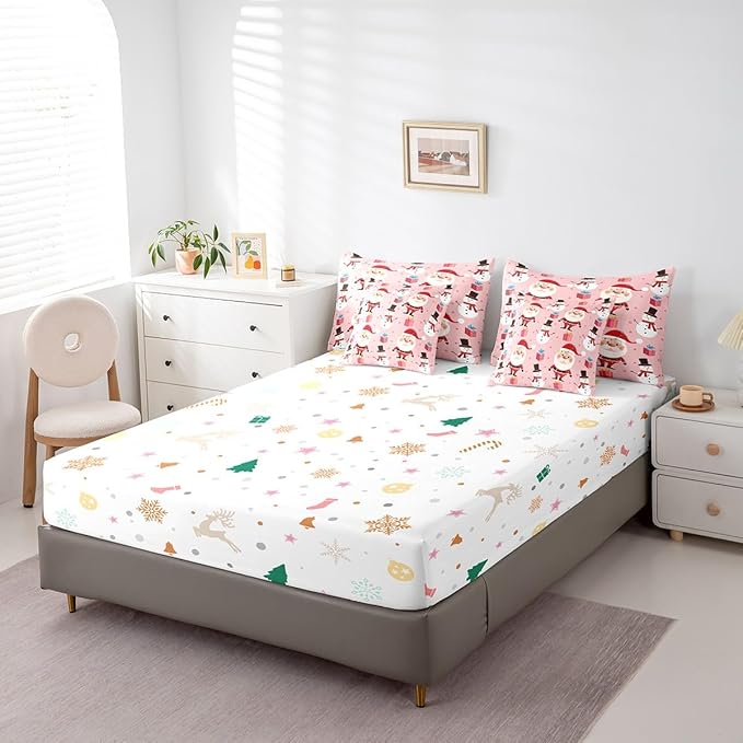 Christmas Bed in a Bag Merry Christmas Snowman Comforter Set with Sheets for Kids Boys Girls Decor Santa Claus Bed Set Kawaii Pink Bedding Set Bedroom Collection Full Size