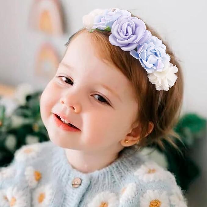 cherrboll Baby Girl Nylon Headbands, 3Pcs Handmade Floral Hair Bows, Stretchy Flower Hairbands for Newborns Infants Toddlers