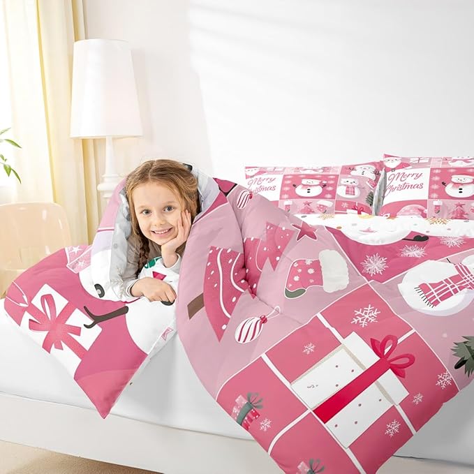 Xmas Comforter Set Twin Size,Snowman Christmas Tree Snowflake Bedding Set for Kids Boys Girls Room Decor,Pink Plaid Patchwork Quilt Set 2Pcs,Merry Christmas Cartoon Duvet Insert,1 Pillowcase