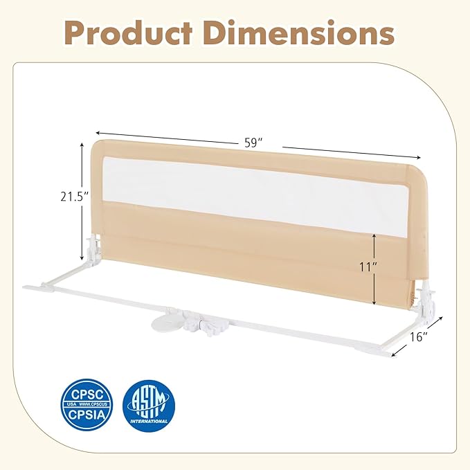 BABY JOY Bed Rails for Toddlers, 59'' Extra Long, Swing Down Bed Guard w/Safety Strap, Folding Baby Bedrail for Kids Twin, Double, Full Size Queen & King Mattress (59-Inch, Beige)