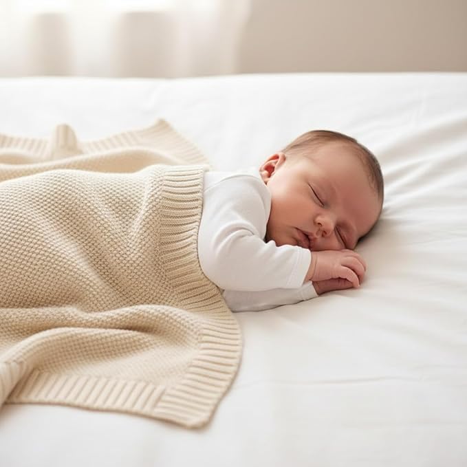 Baby Knit Blanket Soft Cotton Lightweight Newborn Blanket for Crib Stroller Toddler Nursery Shower Gift Cozy Breathable Travel Swaddle Wrap Cream 36 x 28 Inches