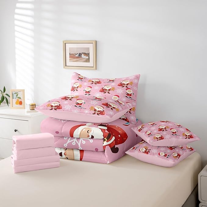Erosebridal 7Pcs Cute Santa Claus Comforter Set King Size,Xmas Gingerbread Bedding Set for Kids Boys Girls,Christmas Snowboard Snowflake Bed in A Bag,Pink Christmas Quilt with Flat Fitted Sheet