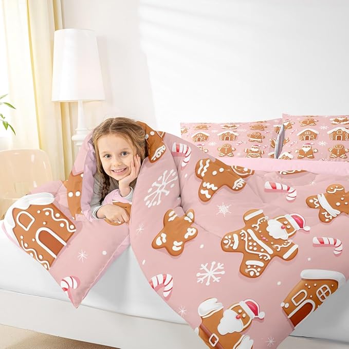 Feelyou Christmas Comforter Set All Season Gingerbread Man Bedding Set with 1 Pillow Cases Santa Microfiber Kids Twin Bedclothes Snowflake Bedroom Decor Duvet Quilt Breathable Soft Lightweight