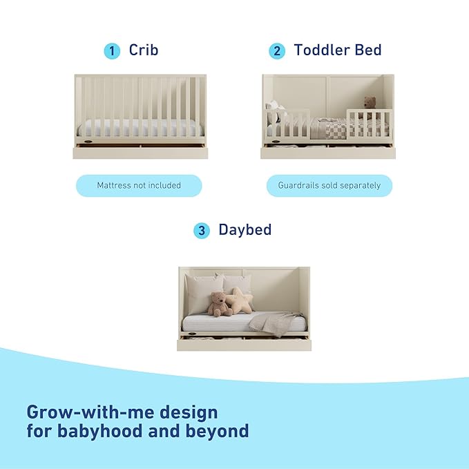 Graco Theo Convertible Crib with Storage Drawer (Frosted Oat) – GREENGUARD Gold Certified Wooden Baby Crib with Drawer, Converts to Toddler Bed, Fits Standard Crib Mattress