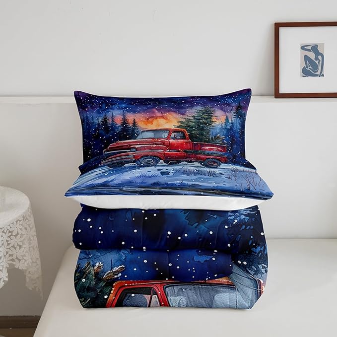 Red Truck Kids Bedding Set Full Size,Christmas Tree Snowflake Comforter Set for Teens Boys Girls Room Decor,Woodland Nature Scenery Duvet Insert 3Pcs,Merry Christmas Theme Quilt Set,2 Pillowcases