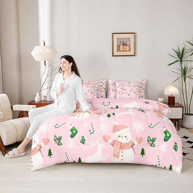 Feelyou Pink Christmas Comforter Set Queen Size 7 Pieces Cartoon Deer Snowman Bedding Set for Kids Boys Girls New Year Pink Bed in a Bag Reversible Xmas Decor Bedroom Quilted Breathable Soft