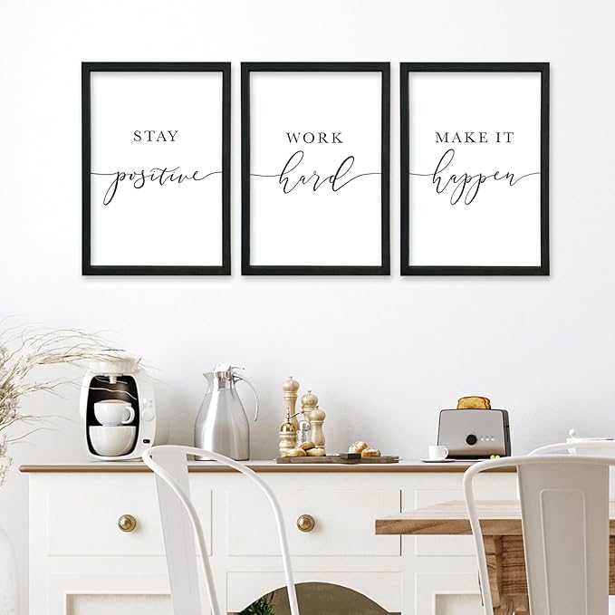 YWJKWLGS Inspirational Office Wall Art Set 16x24 Inch 3 piece Motivational Quotes Wall Decor Stay Positive Work Hard Make It Happen Signs for Home & Office Wood Framed Hanging (Black)