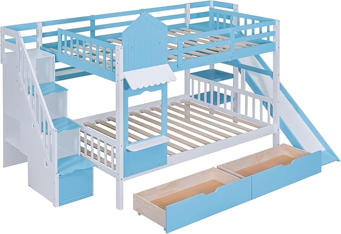MERITLINE Full Over Full Castle Bunk Bed with Slide,Stairs and Drawers,Solid Wood Floor House Princess Bunk Bed with Storage Shelves (Blue,Full Over Full)