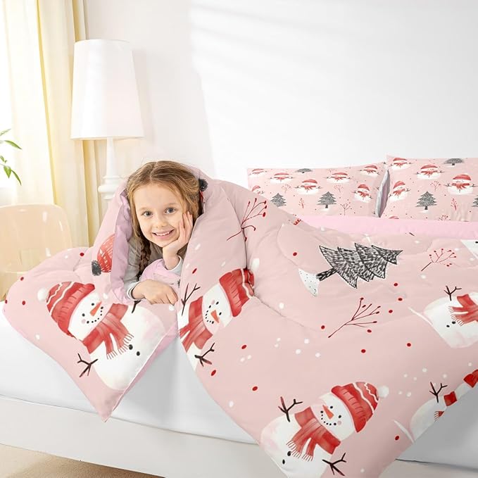 Feelyou Cute Snowman Bedding Set Soft for Boys Girls, Christmas Trees Comforter Set Full Size Xmas Snowflake Duvet Quilt Microfiber Christmas Decor Bedroom Decor Holiday 3 Pcs with 2 Pillow Cases