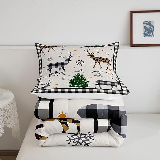 Kids Deer Silhouette Comforter Set Full Size,Snowflake Pine Trees Bedding,Girls Boys Adults Bedroom/Xmas Cabin Decor,Geometric Grids Plaid Down Comforter,Rustic Farmhouse Duvet Insert,2 Pillowcases