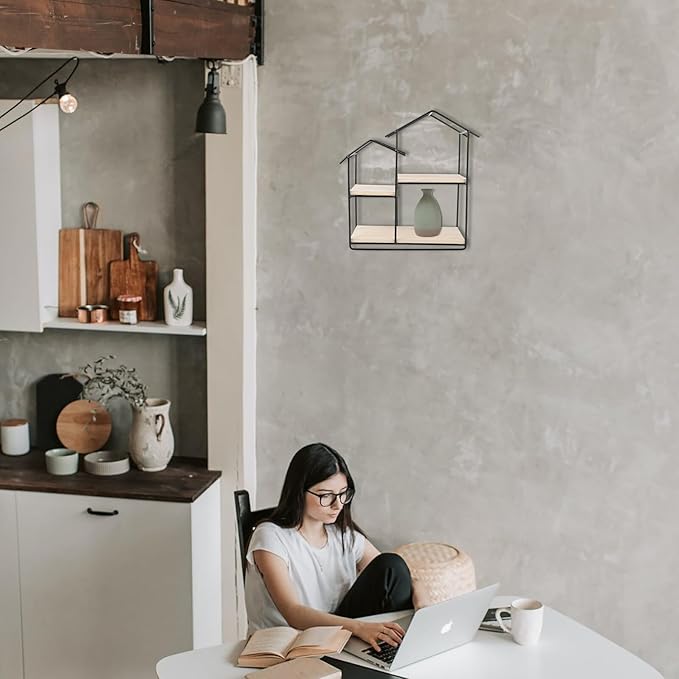 Modern Solid Wood Wall Shelf with Frame House-Shaped Wall-Hanging Storage Rack Stylish and Practical Floating Shelf for Home Kitchen Bedroom Organization