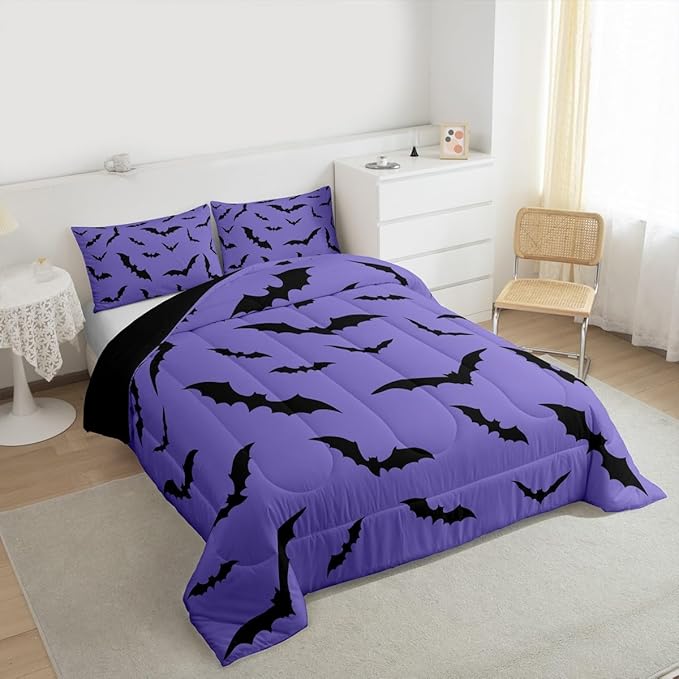 Purple Halloween Bedding Set Spooky Bats Comforter Set Toddler Size,Horror Halloween Decorations Quilt for Kids Boys Girls Adults Gothic Flying Bat Silhouette Duvet Insert,Goth Bedroom Decor