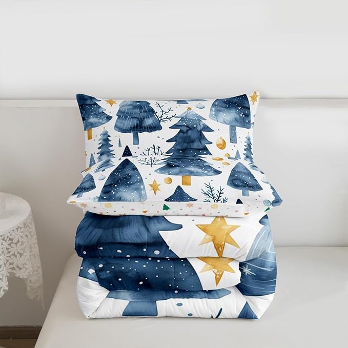 Feelyou Christmas Comforter Set All Season Xmas Tree Bedding Set with 1 Pillow Cases Watercolor Blue Microfiber Kids Toddler Bedclothes Snowflake Bedroom Decor Duvet Quilt Breathable Soft Lightweight