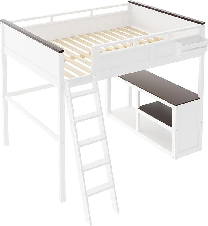 Bellemave Queen Loft Bed with Desk, Queen Size Loft Beds with Storage Shelves for Kids Adults Boys Girls Teens, White