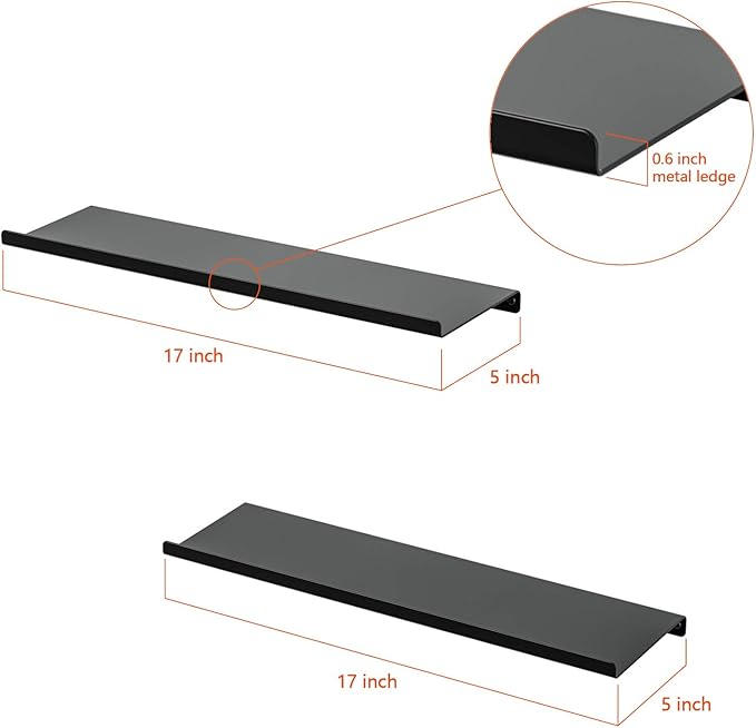 SRIWATANA Black Metal Wall Shelves, 2 Set Floating Shelves for Bedroom, Living Room, Bathroom, Kitchen - Matte Black