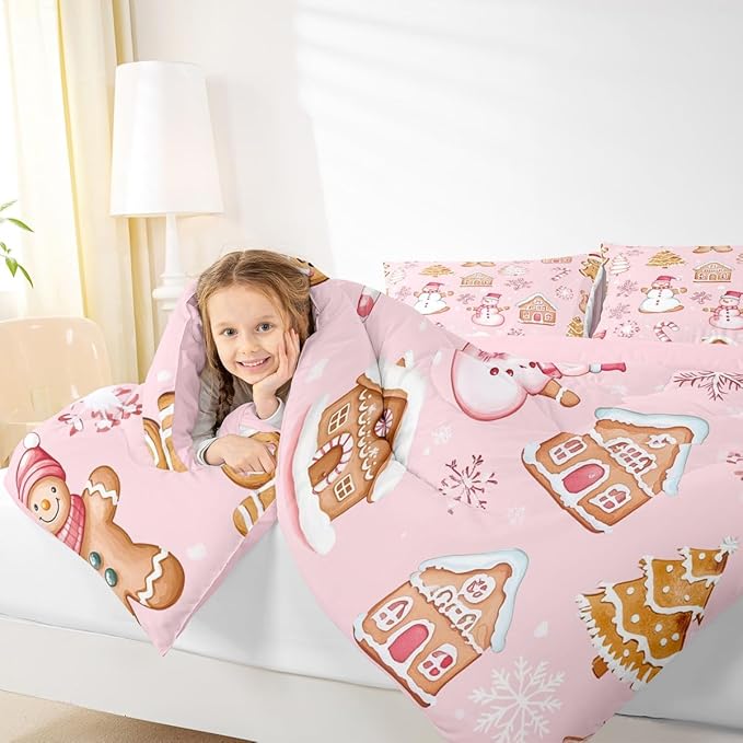 Feelyou Pink Christmas Kids Comforter Set Queen Size Snowman Bedding Set Gingerbread Man Duvet Quilt for Kids Boys Girls Bedroom Snowflake Candy Cane Decor Microfiber Ultra Soft Breathable