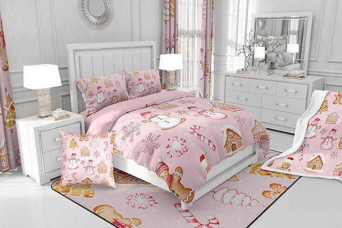 Feelyou Pink Christmas Kids Comforter Set Queen Size Snowman Bedding Set Gingerbread Man Duvet Quilt for Kids Boys Girls Bedroom Snowflake Candy Cane Decor Microfiber Ultra Soft Breathable